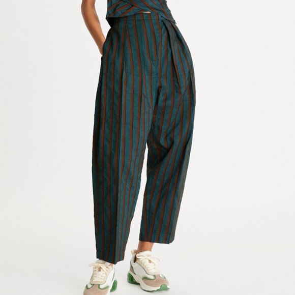 NWOT Tory Burch Runway Stripe Canvas Linen Blend Pants Runway Teal Barrel Fit
